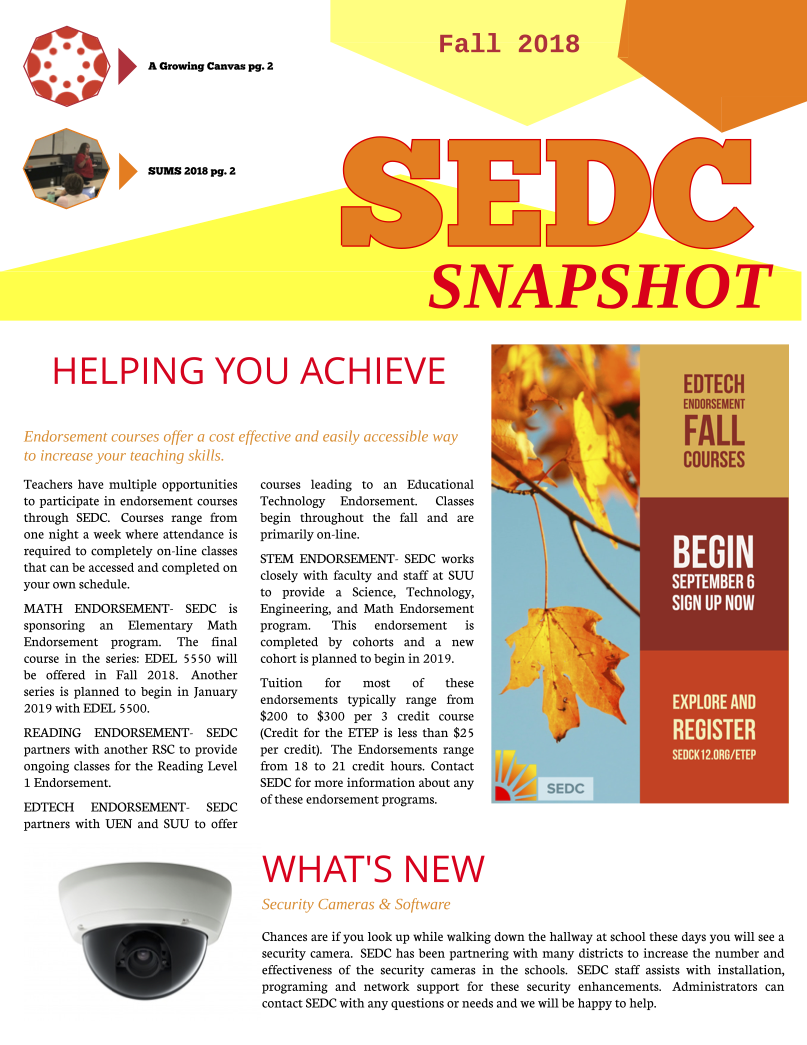 illustration of SEDC SnapShot Newsletter for Fall 2018 Page 1