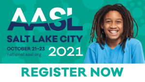 Happy student smiling, showing dates of AASL conference in Salt Lake City on October 21-23, 2021