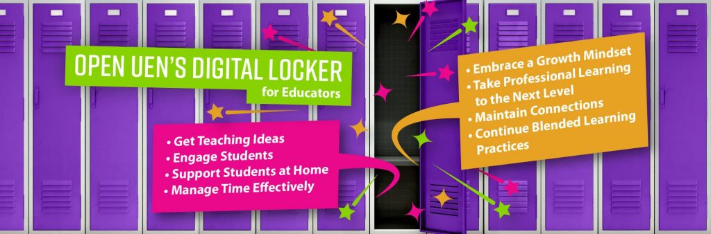 decorative image for UEN Digital Locker - shows purple lockers with text tips on the various resources teachers will find on this site
