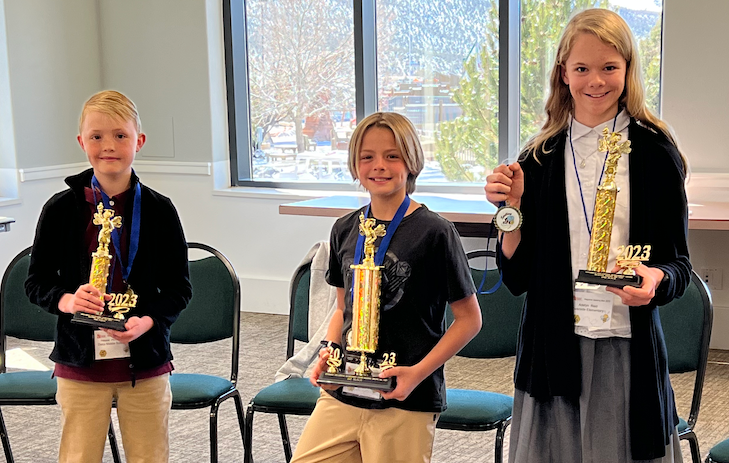 Our top 3 spellers in the 2023 5th Annual SEDC Regional Spelling Bee. From left to right: Hayes Holyoak, Delta Middle School, 3rd Place; Vince Moline, Three Falls Elementary, 1st place; Adelyn Reid, Riverside Elementary, 2nd place