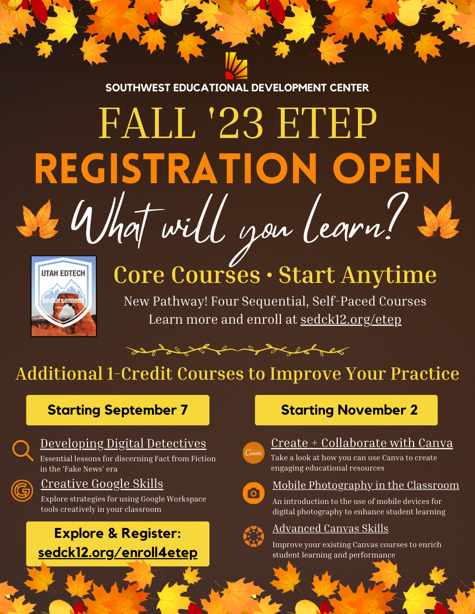 Informational flyer for the Fall '23 ETEP courses from SEDC