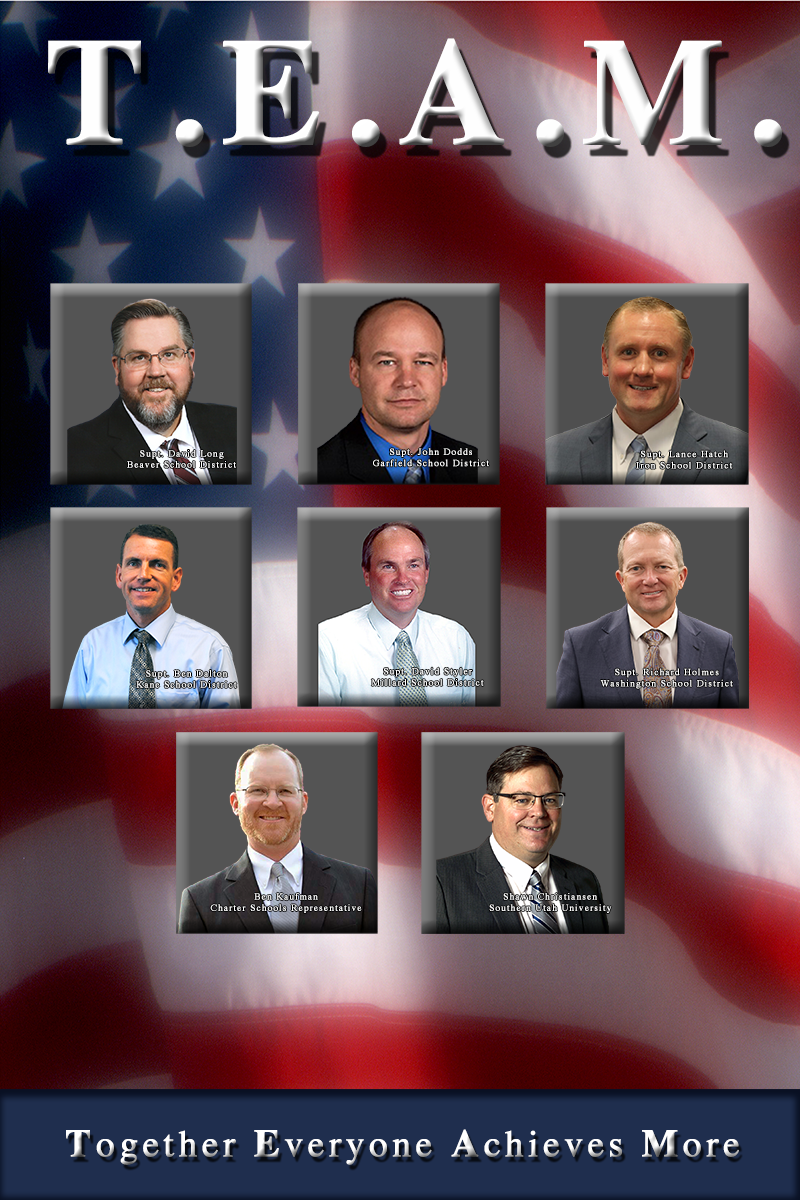 SEDC 2023-24 Executive Board head shots with a US Flag as a background and the TEAM theme - Together Everyone Achieves More