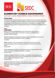 **Alternative Text:** A poster from Southwest Educational Development Center (SEDC) and Southern Utah University (SUU) advertising an Elementary Science Endorsement program. The endorsement is designed for K-6 teachers seeking to improve their understanding of science and teaching methods. It includes courses on the nature of science, systems, matter and energy, cause and effect, stability and change, and classroom practices.