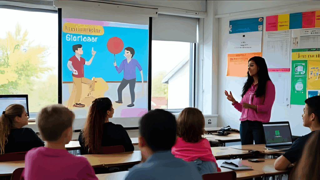 image of an instructor showing an educational movie to her students in a modern classroom in the style of animation