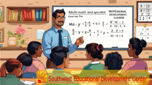 A stylized illustration of a teacher, a man with glasses and a tie, standing in front of a whiteboard and teaching a group of adult students. The whiteboard has mathematical equations and text on it, including "Adults math and specialist courses for ," "PROFESSIONAL DEVELOPMENT COURSE," and various math problems. The classroom has bookshelves and a calendar on the walls. The bottom of the image features the logo for the Southwest Educational Development Center.