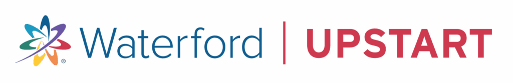 Waterford UPSTART logo - A horizontal logo for Waterford Upstart, featuring a stylized colorful floral design on the left, followed by the word "Waterford" in blue and "UPSTART" in red, separated by a thin red vertical line. The background is transparent.