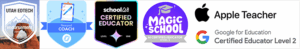 A row of digital badges for educational endorsements and certifications for our EdTech Specialist Clint Stephens, including: Utah EdTech Endorsement, Nearpod Coach, SchoolAI Certified Educator Level One, Magic School AI Certified Educator Level 2, Apple Teacher, and Google for Education Certified Educator Level 2.