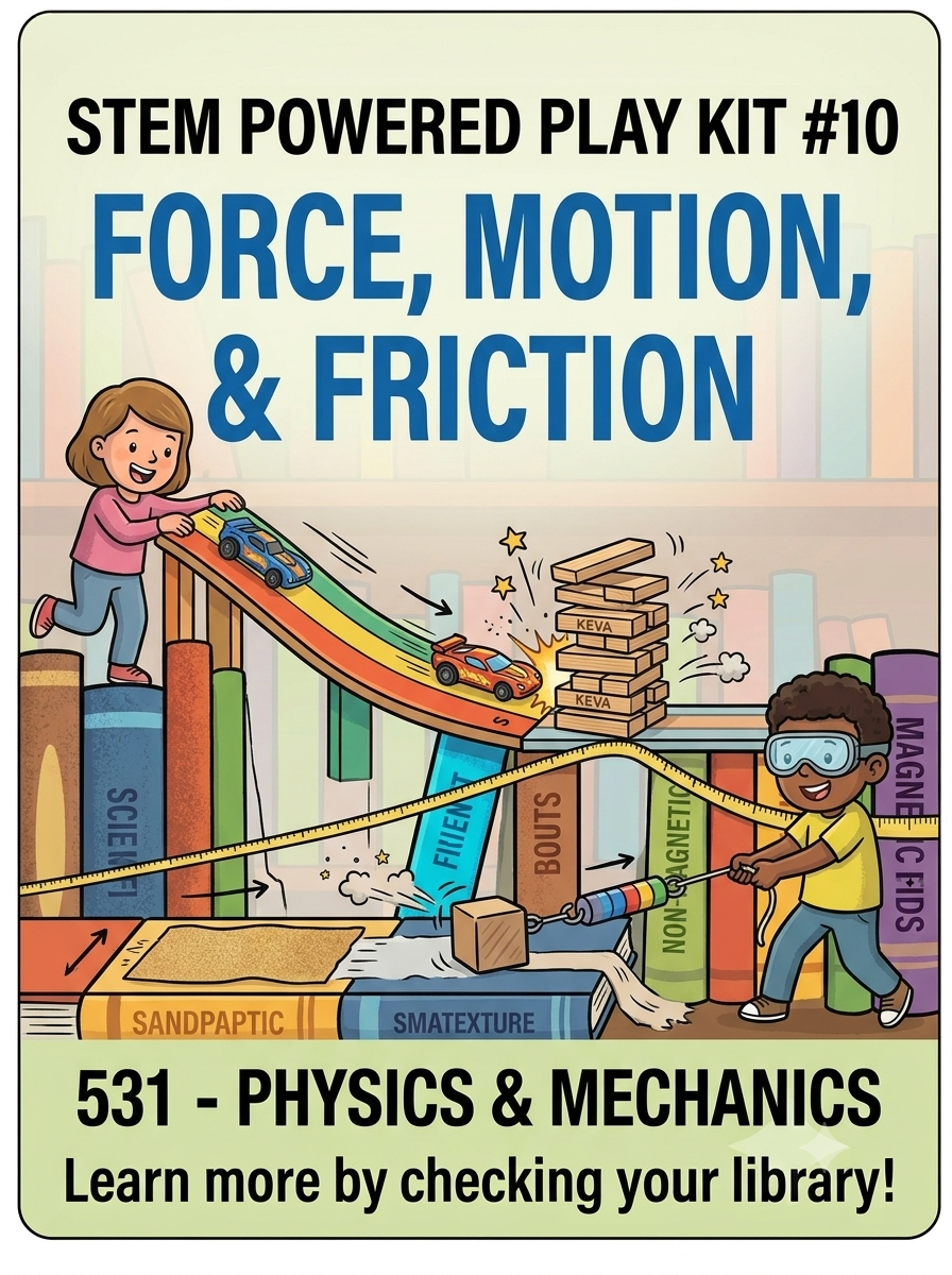 STEM Powered Play Kit 10 graphic featuring Force, Motion, & Friction with students testing toy cars on ramps and using spring scales.