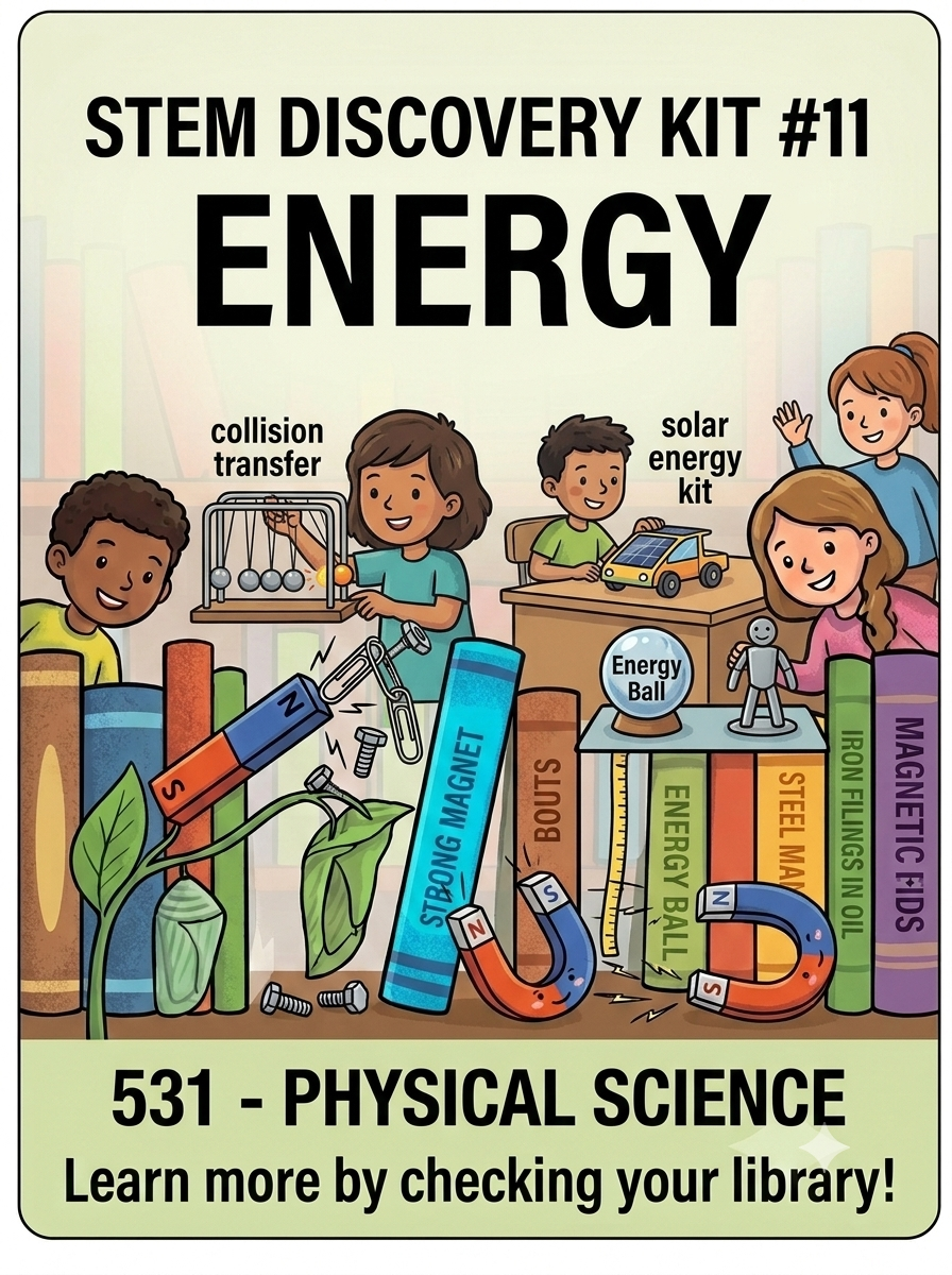STEM Discovery Kit 11 graphic featuring Energy with students conducting hands-on experiments including collision transfer with a Newton's cradle, a solar energy car kit, an energy ball, and magnets.