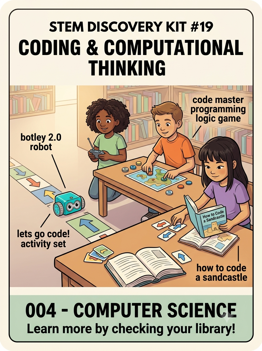 STEM Discovery Kit 19 poster titled Coding & Computational Thinking showing students programming the Botley 2.0 robot, playing Code Master, using floor mats, and reading coding books.