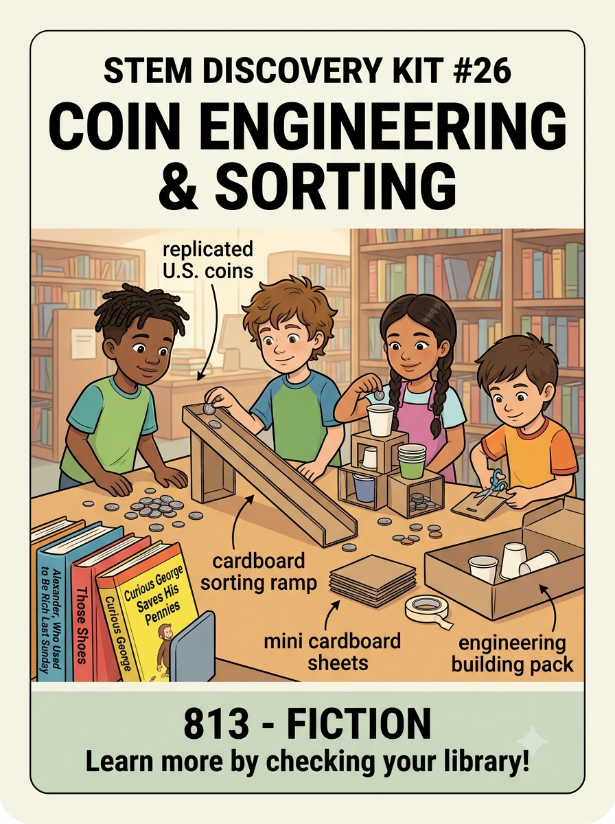 STEM Discovery Kit 26 poster titled Coin Engineering & Sorting showing students designing cardboard ramps, building sorting structures, and sorting replica coins.