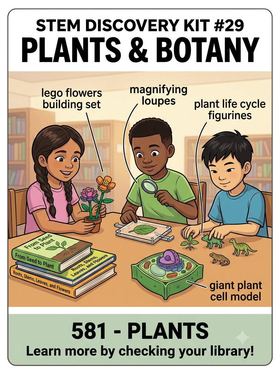 STEM Discovery Kit 29 poster titled Plants & Botany showing students using a LEGO flowers set, giant plant cell model, magnifying loupes, acrylic leaf press, and botany books.