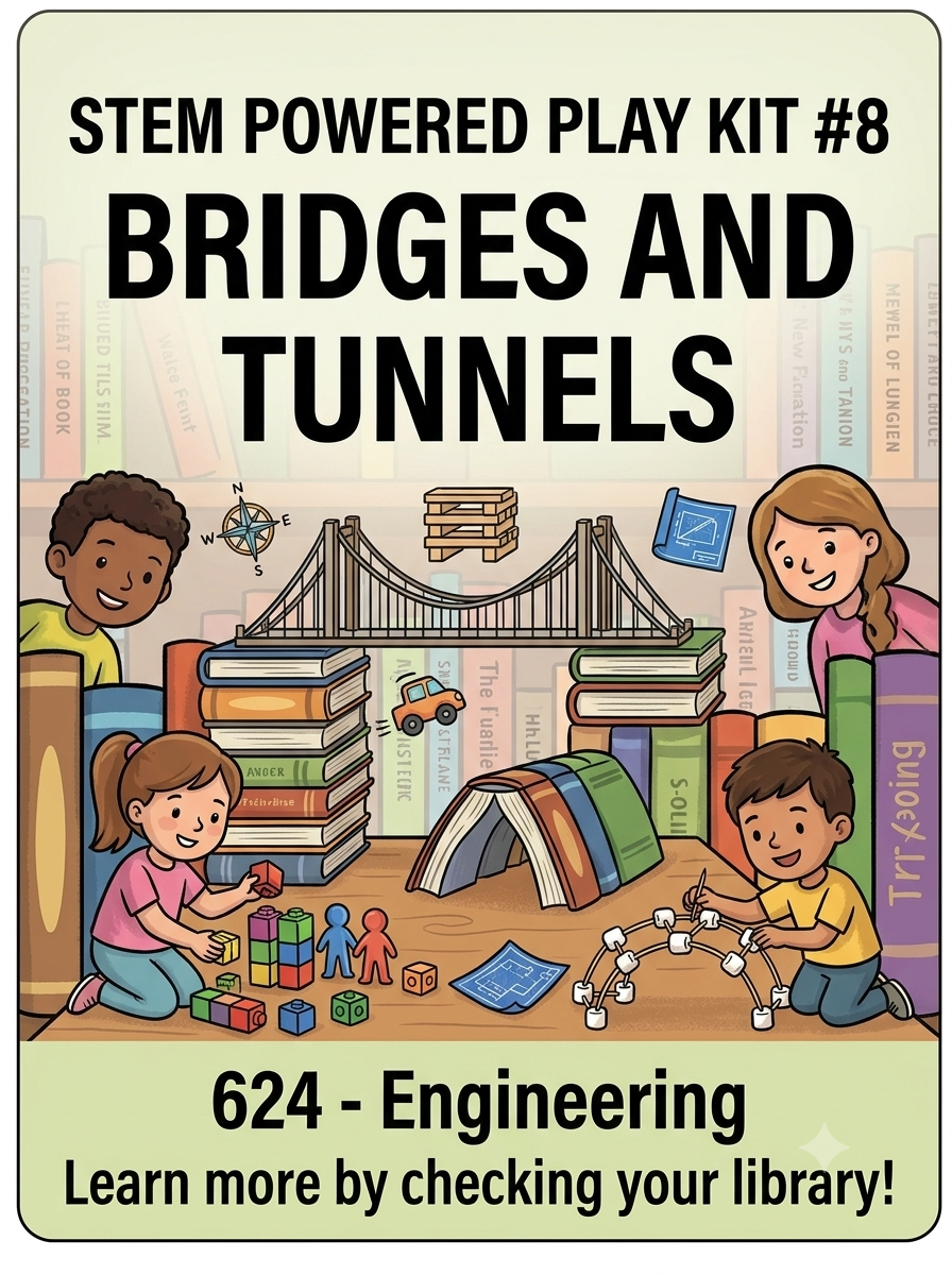 STEM Powered Play Kit 8 graphic featuring Bridges and Tunnels with students constructing bridge models using building blocks, blueprints, and books.