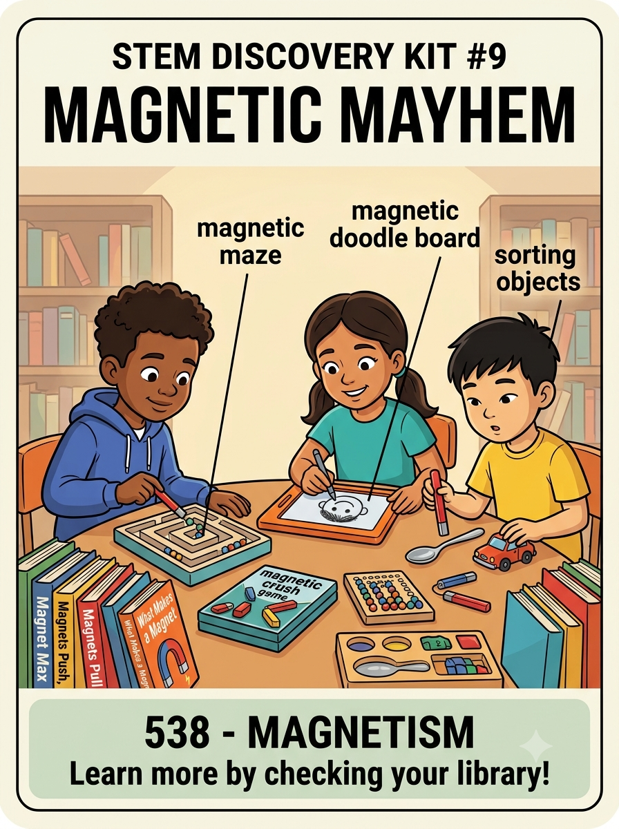 STEM Discovery Kit 9 graphic featuring Magnetic Mayhem with students using a magnetic maze, doodle board, and sorting objects.