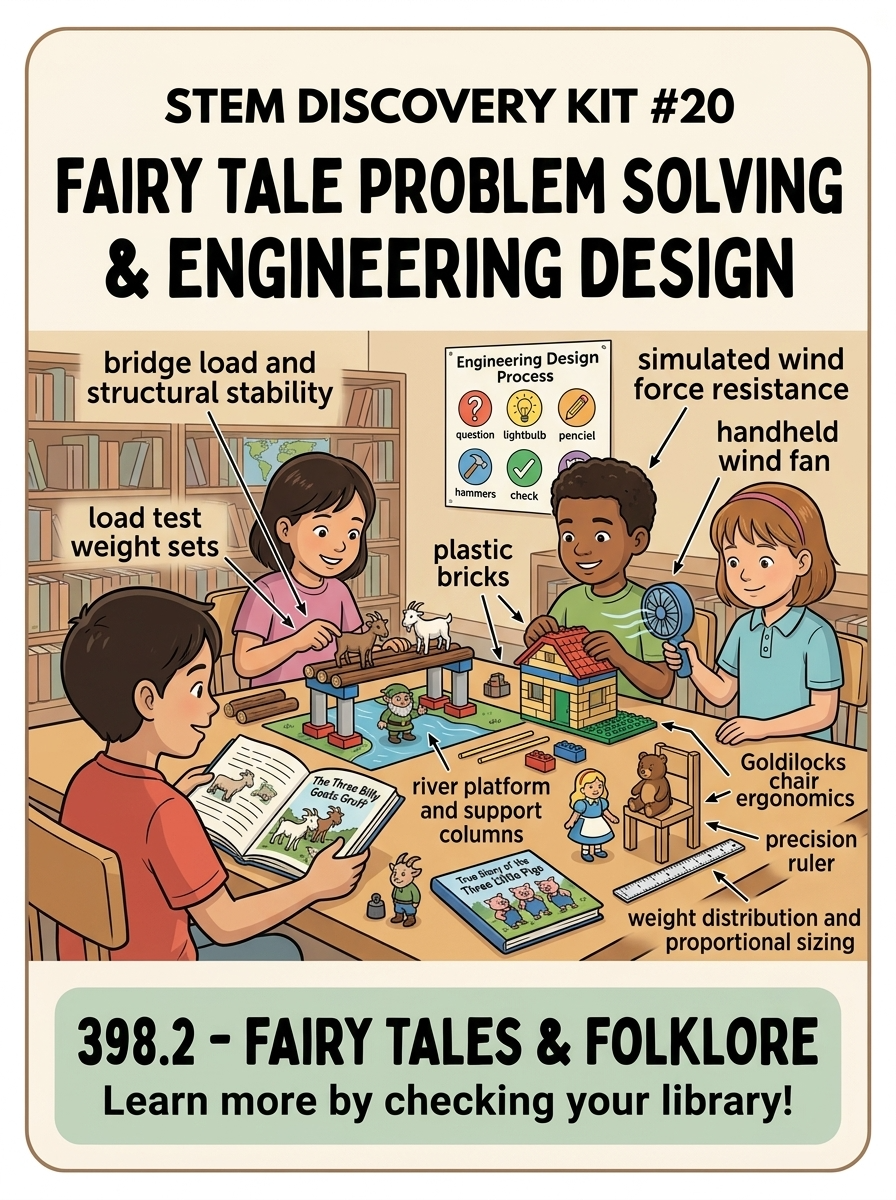 STEM Discovery Kit 20 graphic featuring Fairy Tale Problem Solving and Engineering Design with students building structural models inspired by classic fairy tales.