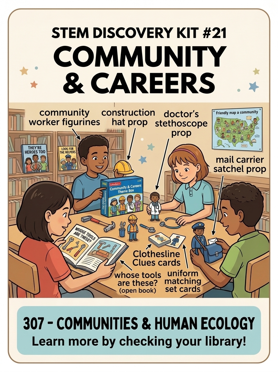 STEM Discovery Kit 21 graphic featuring Community and Careers with students exploring helper figurines, tool matching sets, and career storybooks.