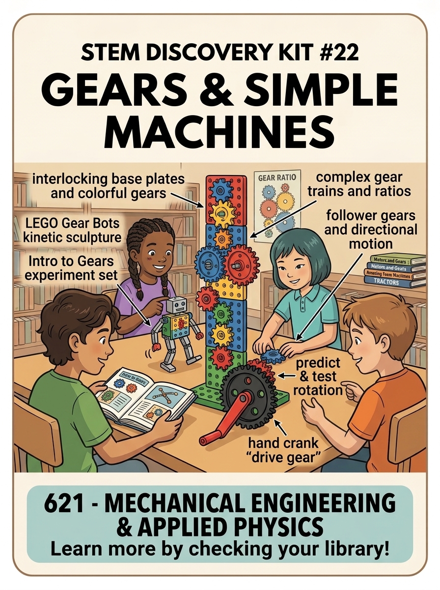 STEM Discovery Kit 22 graphic featuring Gears and Simple Machines with students building gear trains, LEGO kinetic models, and exploring mechanical motion.