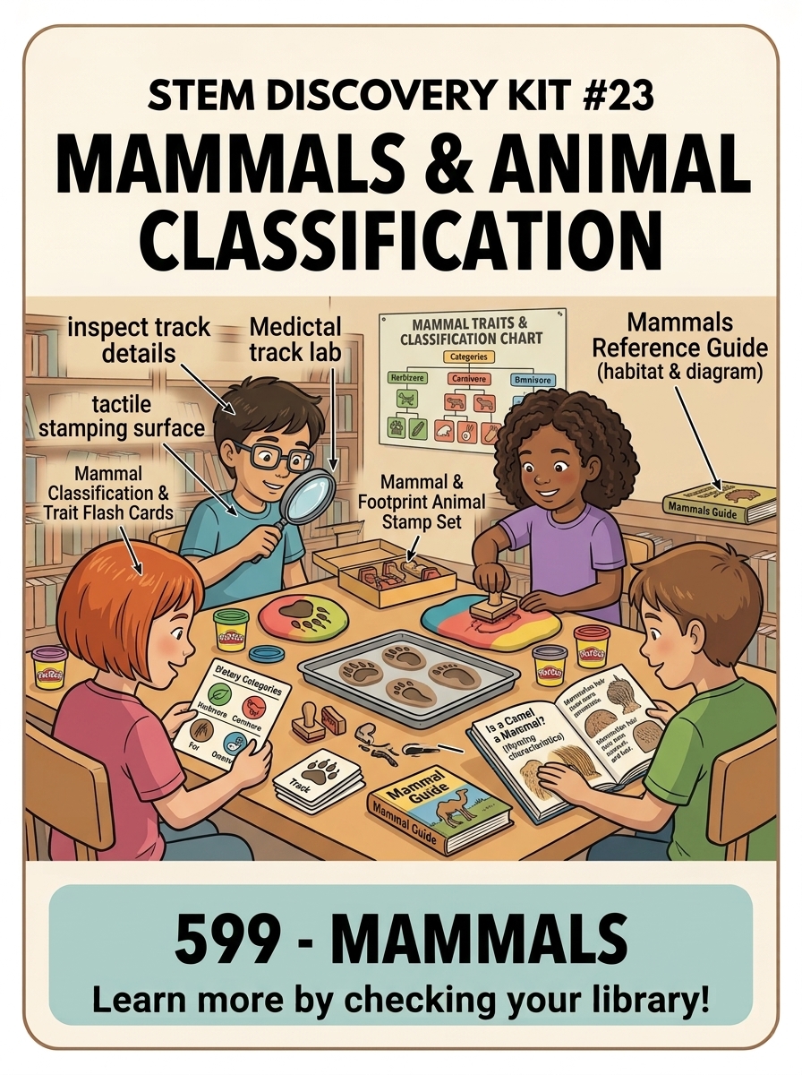 STEM Discovery Kit 23 graphic featuring Mammals and Animal Classification with students inspecting animal footprints, Play-Doh track casts, and classification cards.