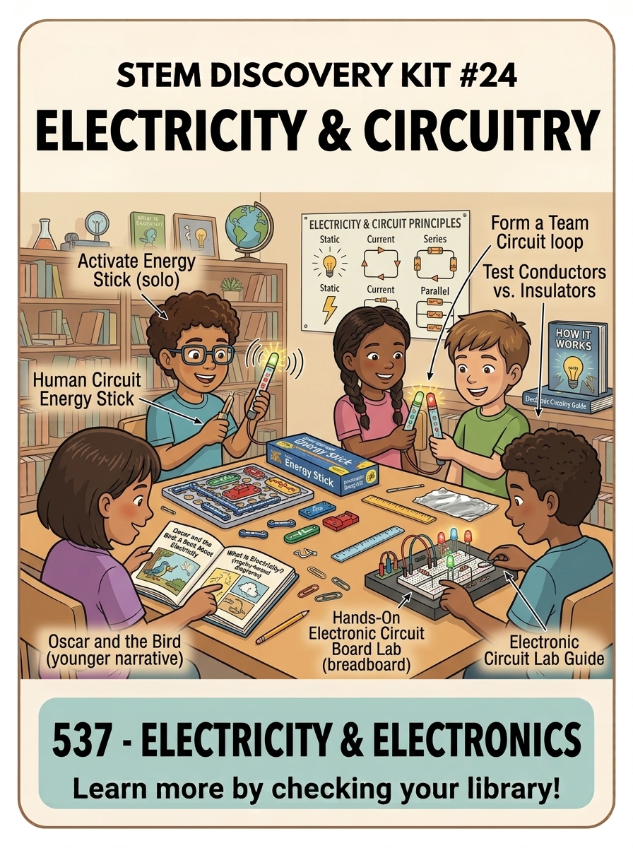 STEM Discovery Kit 24 graphic featuring Electricity and Circuitry with students testing human circuits, conductors, insulators, and electronic circuit boards.