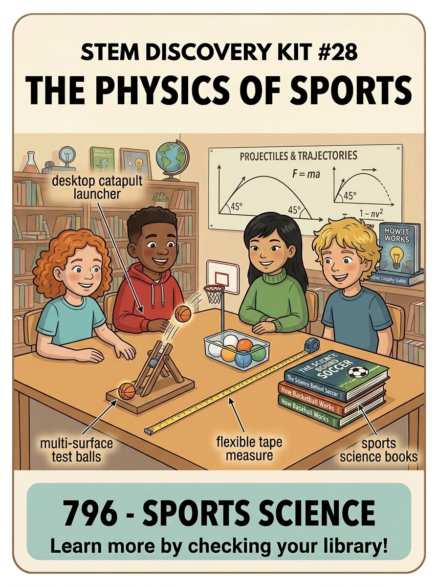 STEM Discovery Kit 28 graphic featuring The Physics of Sports with students testing catapult launchers, projectile trajectories, and sports science concepts.