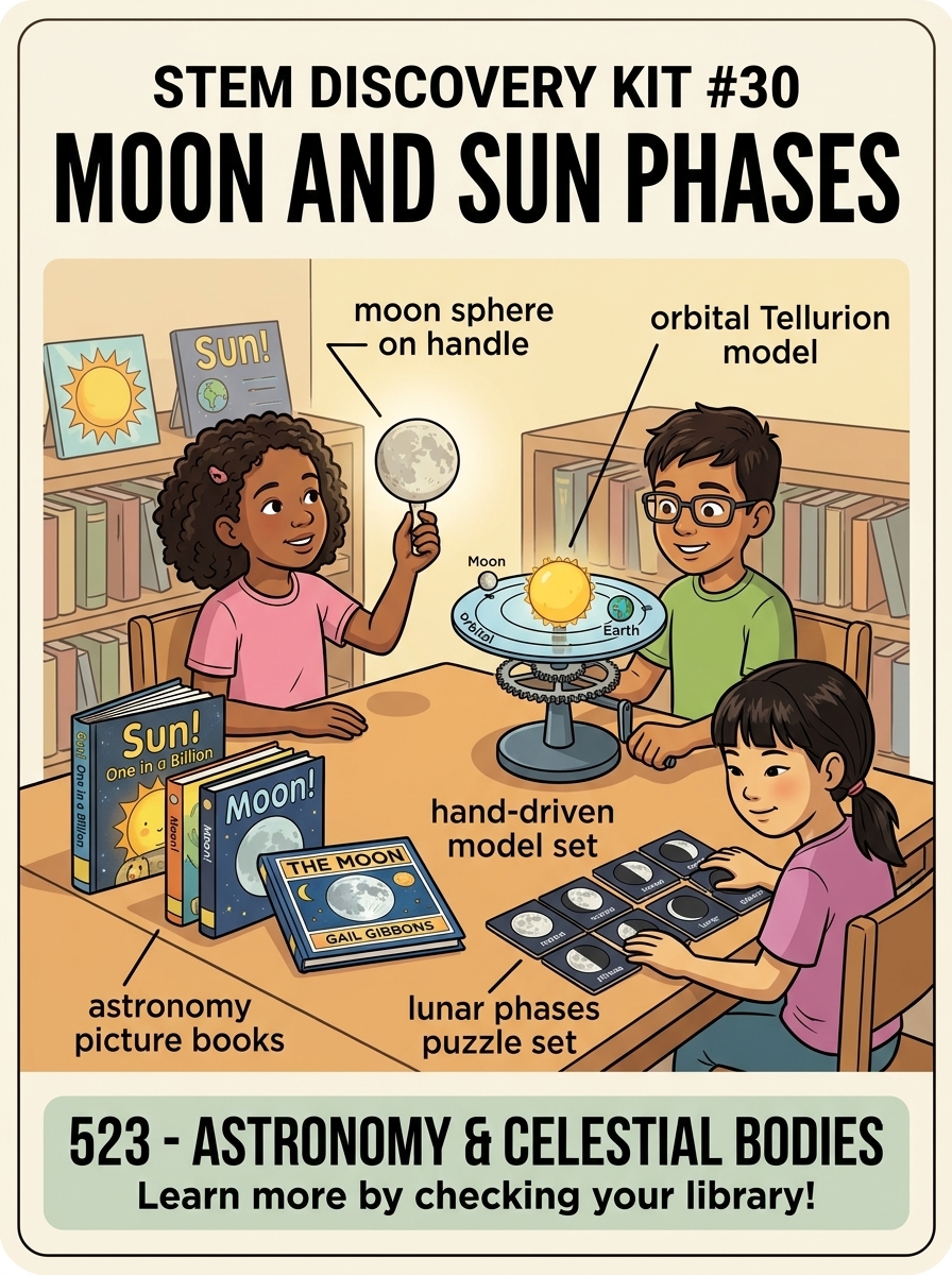 STEM Discovery Kit 30 graphic featuring Moon and Sun Phases with students operating orbital Tellurion models, handheld moon spheres, and tactile lunar phase puzzle sets.