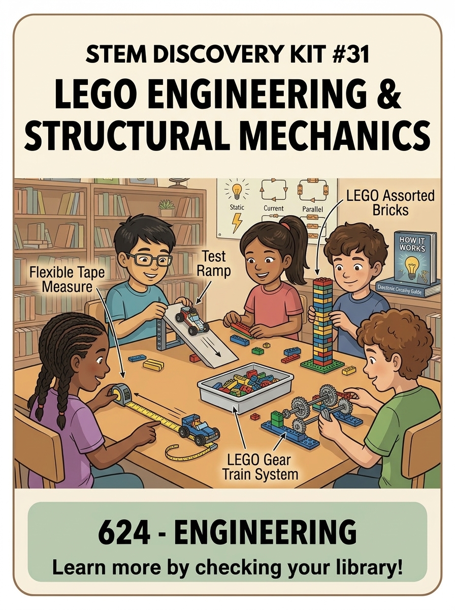 STEM Discovery Kit 31 graphic featuring LEGO Engineering and Structural Mechanics with students building brick towers, gear trains, and vehicles on a test ramp.
