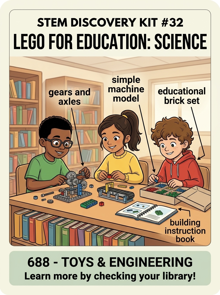 STEM Discovery Kit 32 graphic featuring LEGO for Education Science with students assembling simple machine models, gear systems, and educational brick sets.