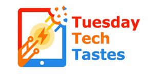 A minimalist, modern vector logo on a crisp white background. Features a sleek digital tablet icon with a subtle, stylized bite mark on one corner revealing a warm yellow and orange glowing circuit spark inside and some tech "crumbs" outside. Beside the icon, bold modern text reads 'Tuesday Tech Tastes'. Color scheme uses bright red, vibrant orange, sun yellow, and electric blue.